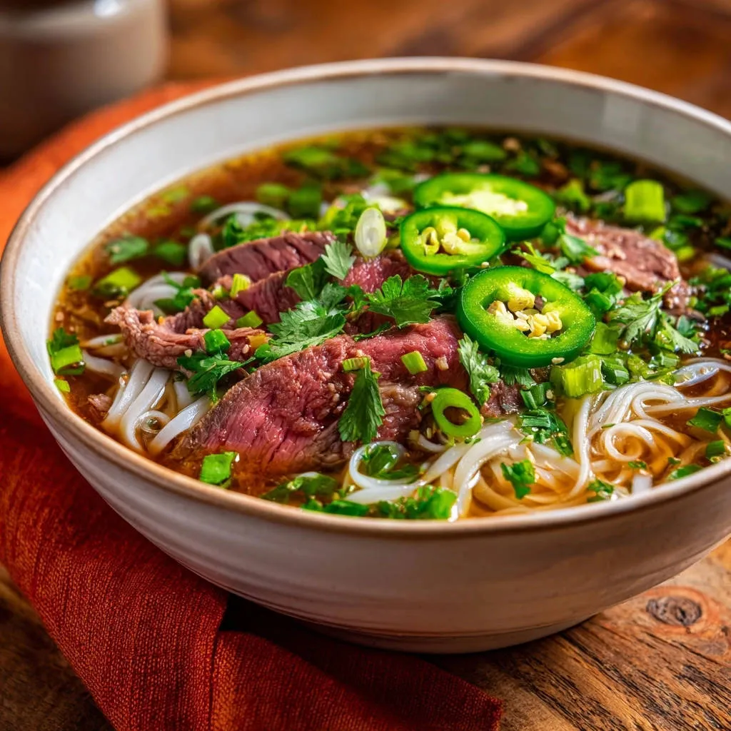 Quick homemade beef noodle soup featuring melt-in-your-mouth beef slices, rice noodles, and jalapeño garnish.