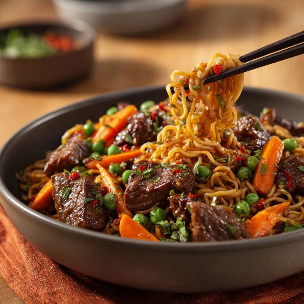 Ultimate Beef & Noodle Stir Fry with chopsticks lifting a portion of tender noodles and beef from the bowl.