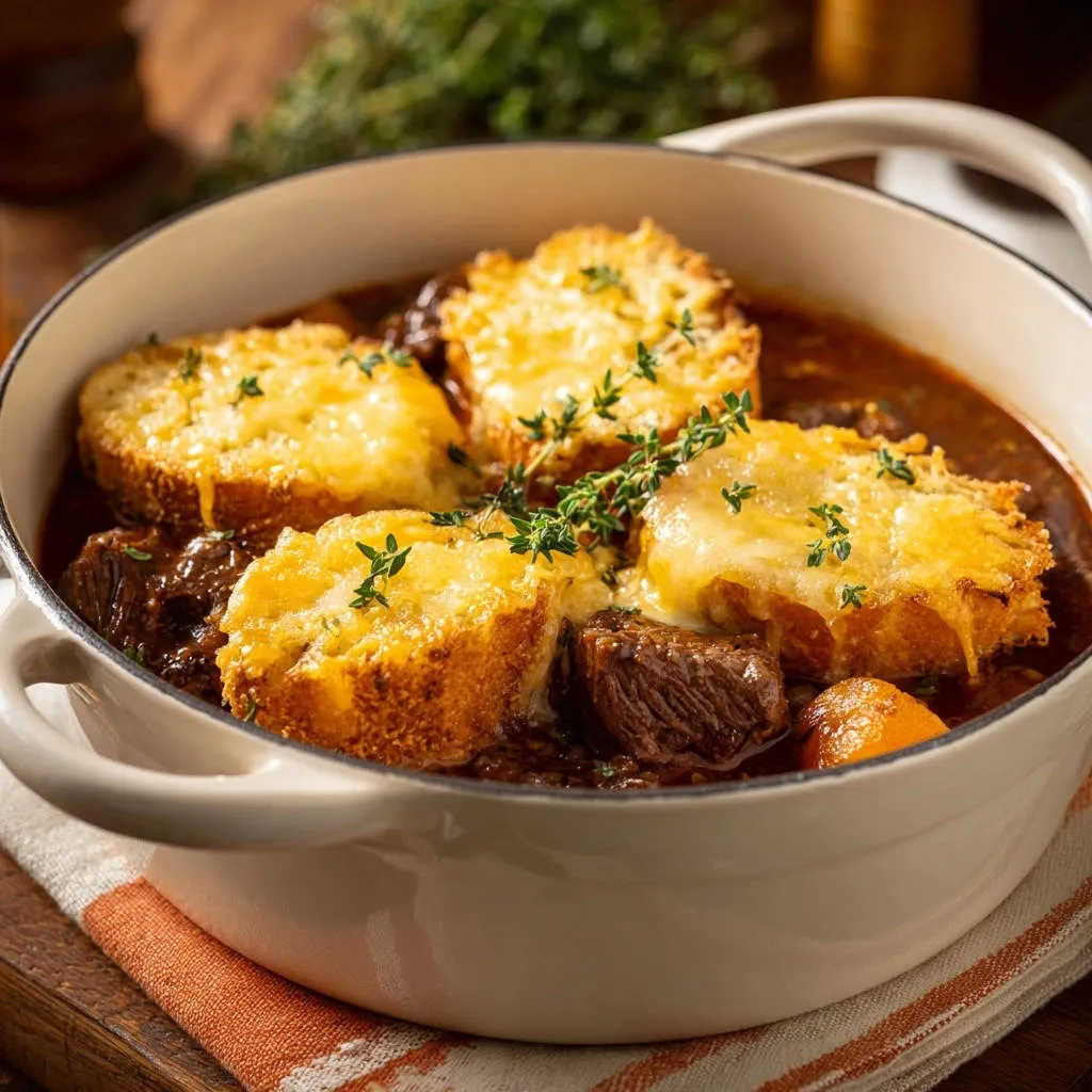 Rich beef & onion stew with cheesy gratin, featuring a close-up detail of melted cheese and fresh thyme.