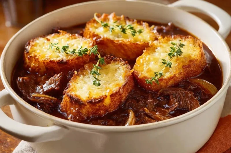 Rich Beef & Onion Stew with Crispy Cheesy Gratin