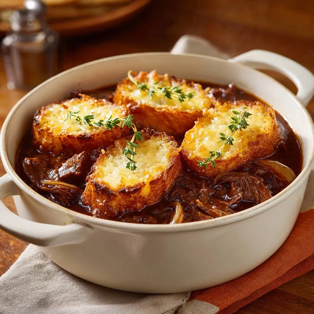 Rich beef & onion stew with cheesy gratin, showing a close-up of the golden-brown toasted bread topping with fresh thyme.