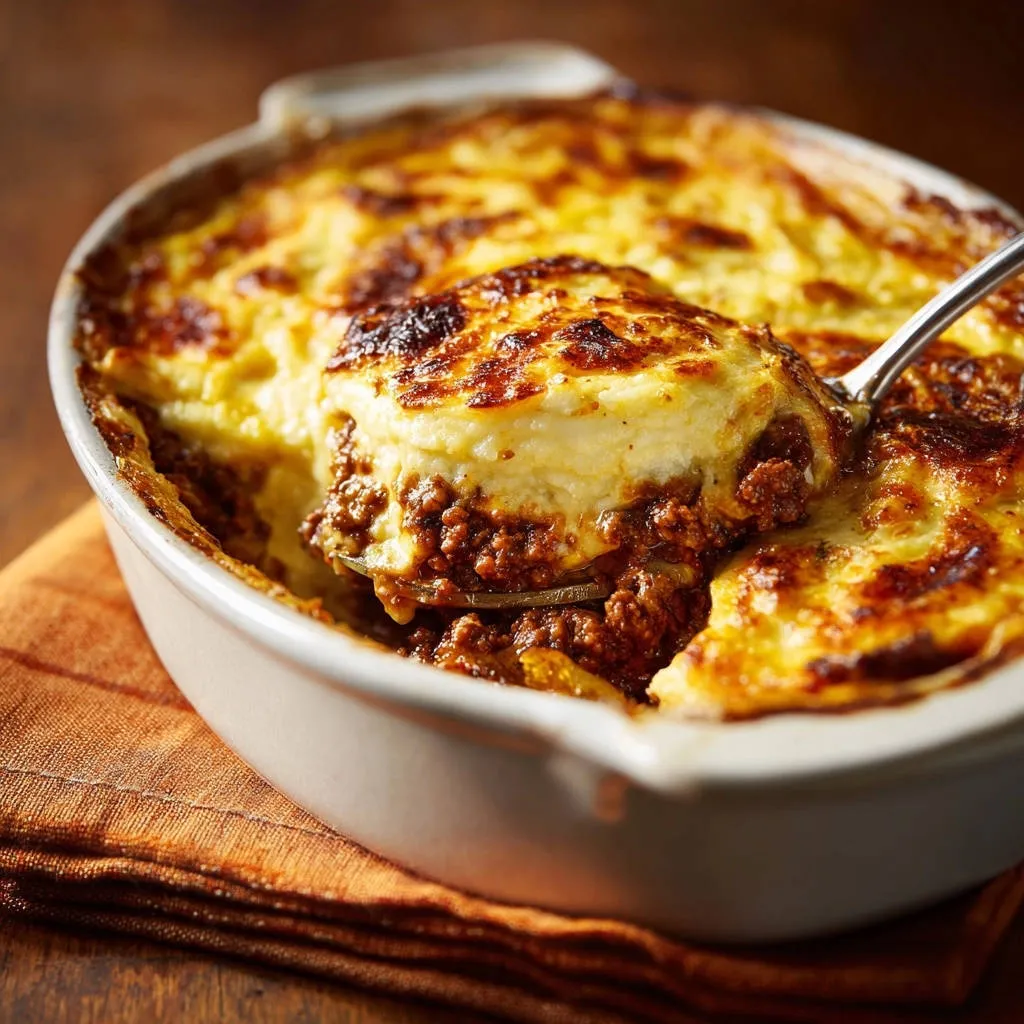 Ultra rich beef and potato casserole with a spoonful being lifted, showing a firm filling and fluffy potato topping.