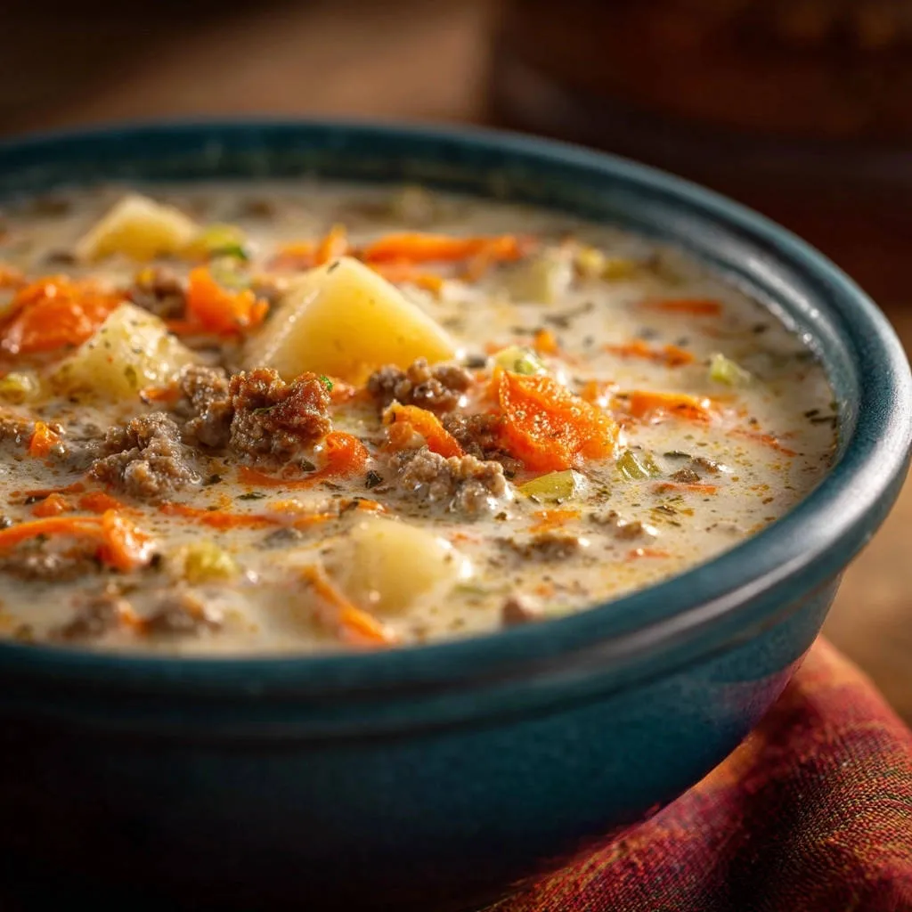 Hearty beef and potato chowder in a blue bowl, with a close-up view of chunky potatoes, ground beef, and carrots.