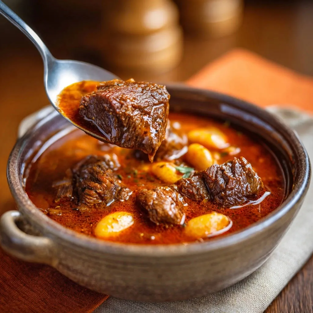 Rich beef and white bean stew with a spoonful being lifted, showcasing tender chunks and broth.