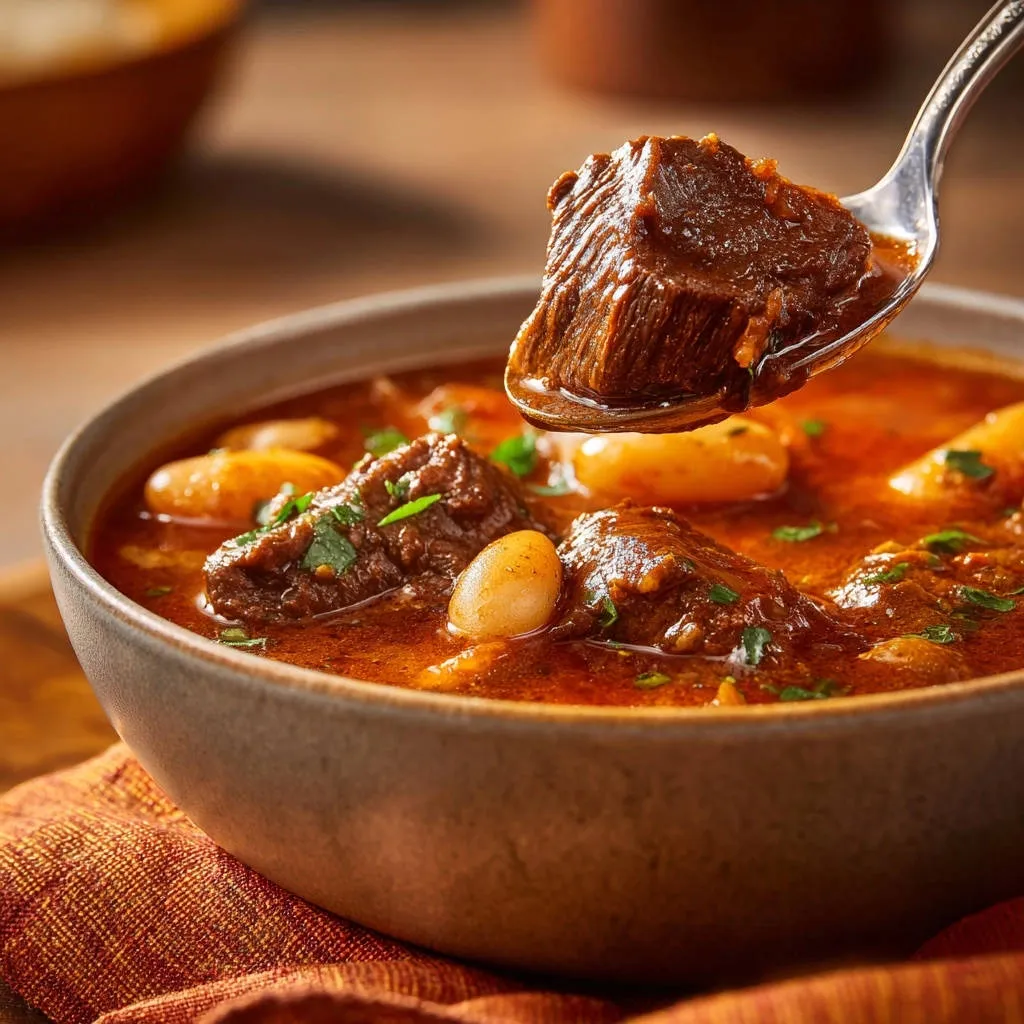 Rich beef and white bean stew with a spoonful of tender beef being lifted from the bowl.