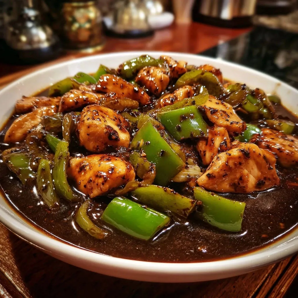 Black pepper chicken stir-fry shown in a close-up view, highlighting the glossy, dark sauce coating the tender chicken and green peppers.