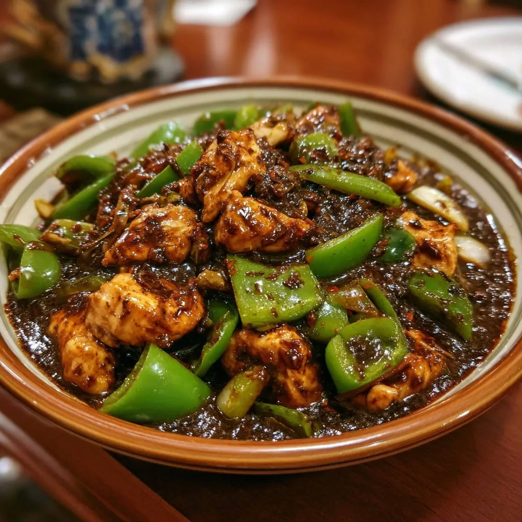 Black pepper chicken stir-fry featuring tender chicken pieces coated in a glossy dark sauce with vibrant green bell peppers.