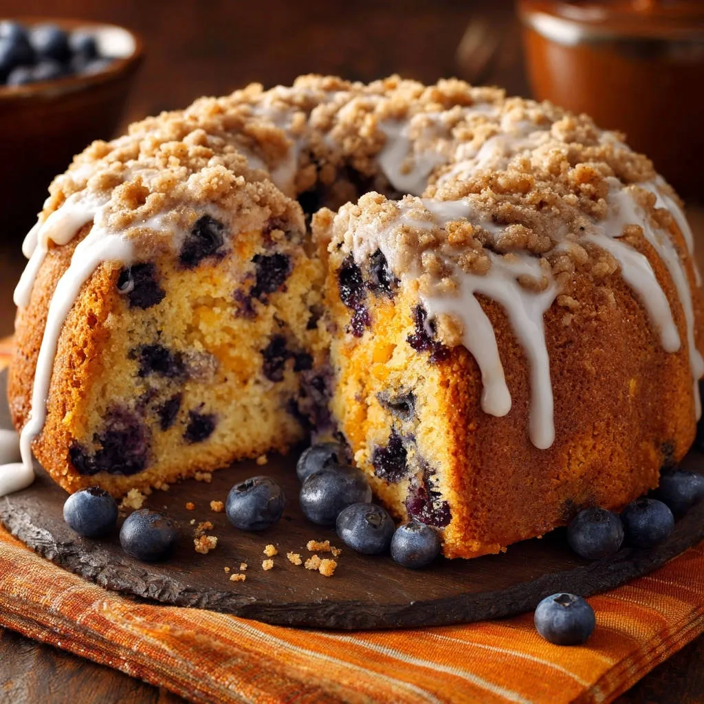Irresistible Blueberry Orange Crumb Loaf shown in a cross-section, revealing tender cake studded with blueberries.