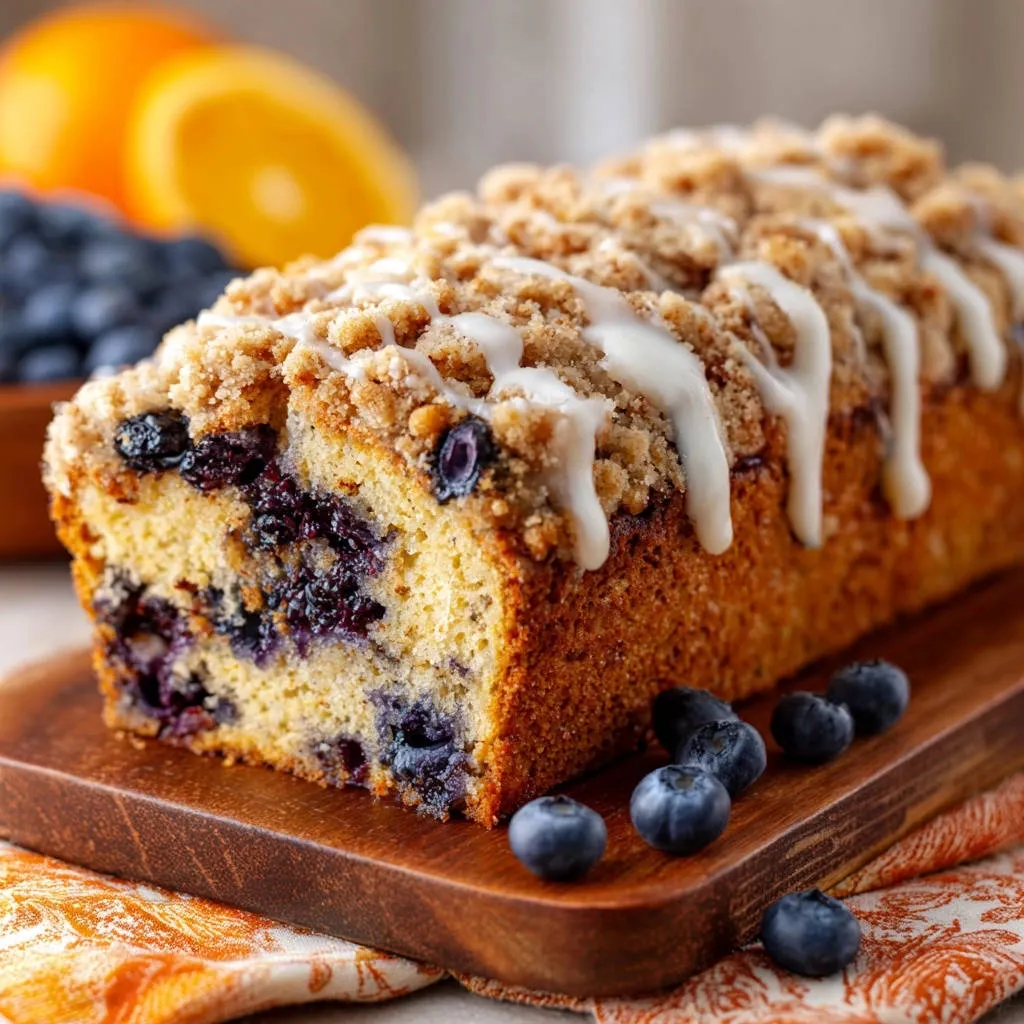 Irresistible Blueberry Orange Crumb Loaf shown in a close-up cross-section revealing its tender interior and drizzled with glaze.