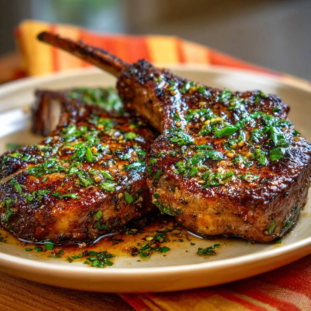 Restaurant-style bone-in chops with a close-up view of fresh herb and spice garnish glistening in sauce.