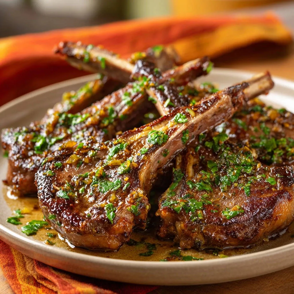 Restaurant-style bone-in chops featuring a glistening herb and spice glaze up close.
