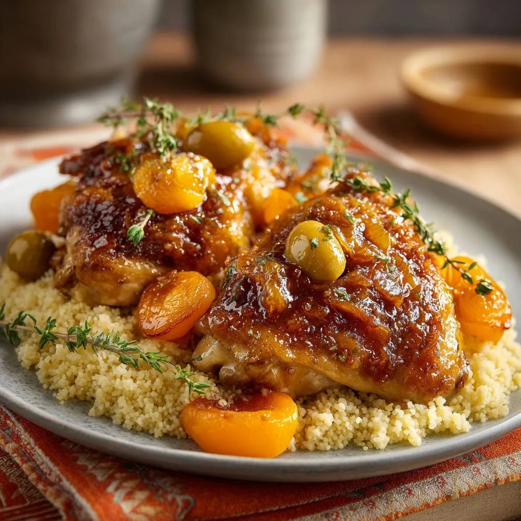 Braised apricot and olive chicken with a glossy sauce, served plated over couscous with fresh thyme garnish.