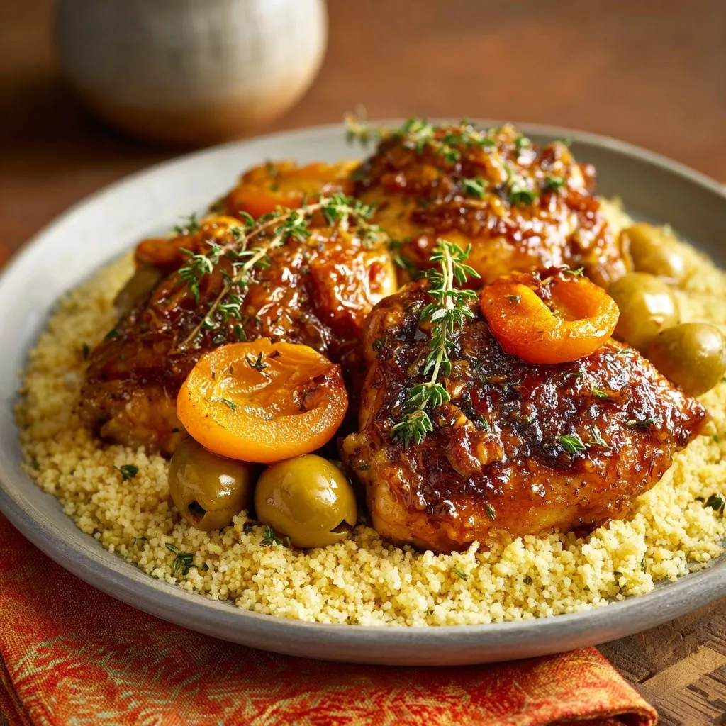 Braised apricot and olive chicken shown in a close-up on a bed of couscous, highlighting the glossy sauce and garnishes.