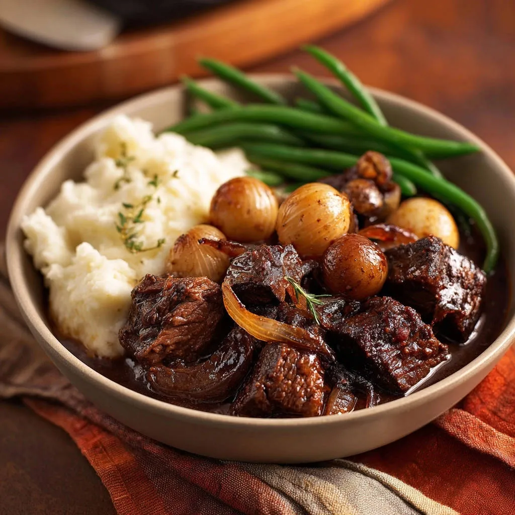 Rich braised beef stew served in a bowl with mashed potatoes and green beans, seen up close.