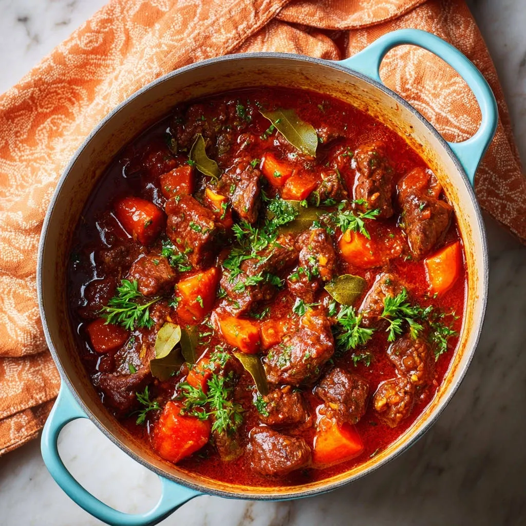 Hearty braised beef stew in a blue Dutch oven, garnished with parsley and bay leaves, presented in an overhead view.