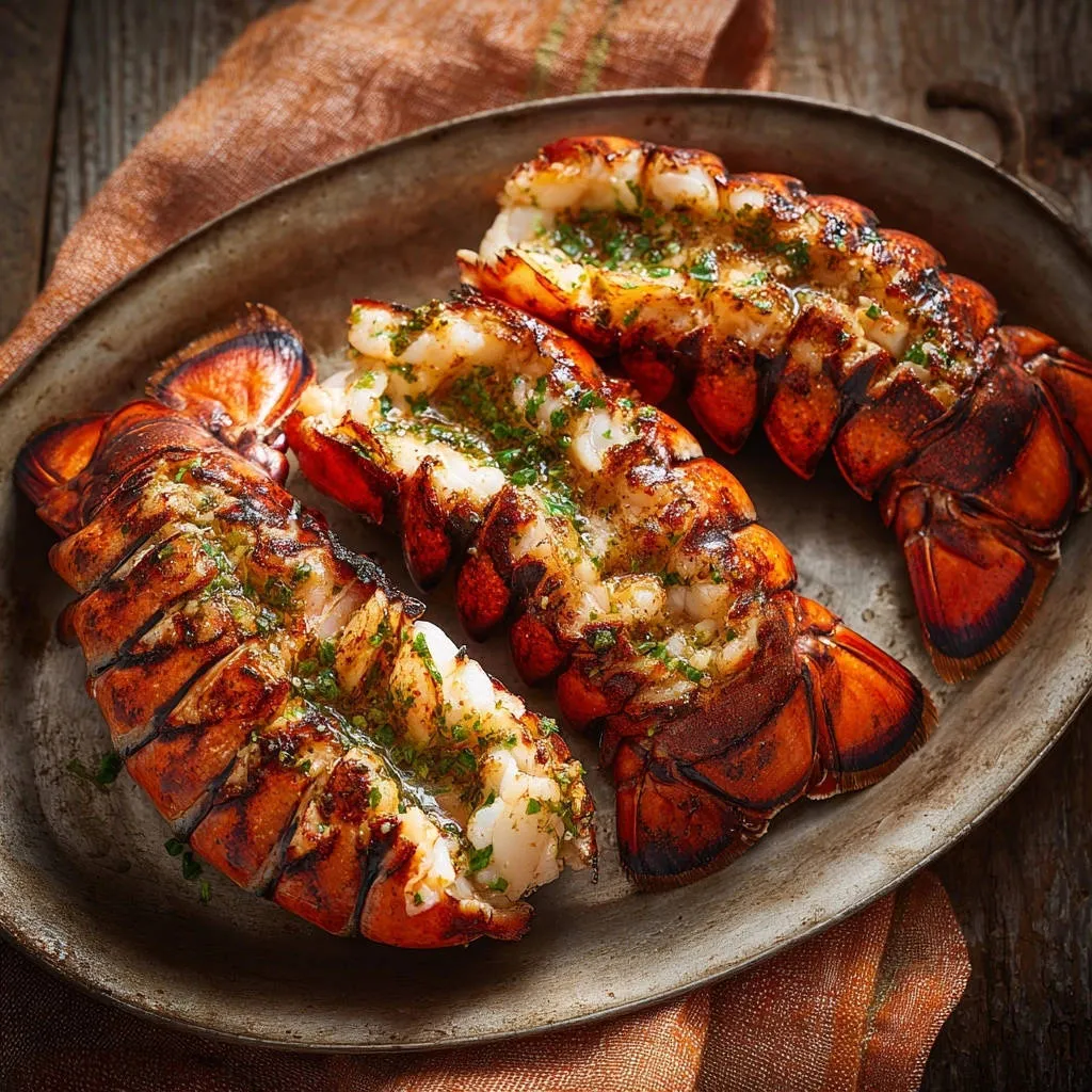 Broiled garlic butter lobster tails with a glistening glaze, presented on a rustic platter with a subtle grill mark detail.