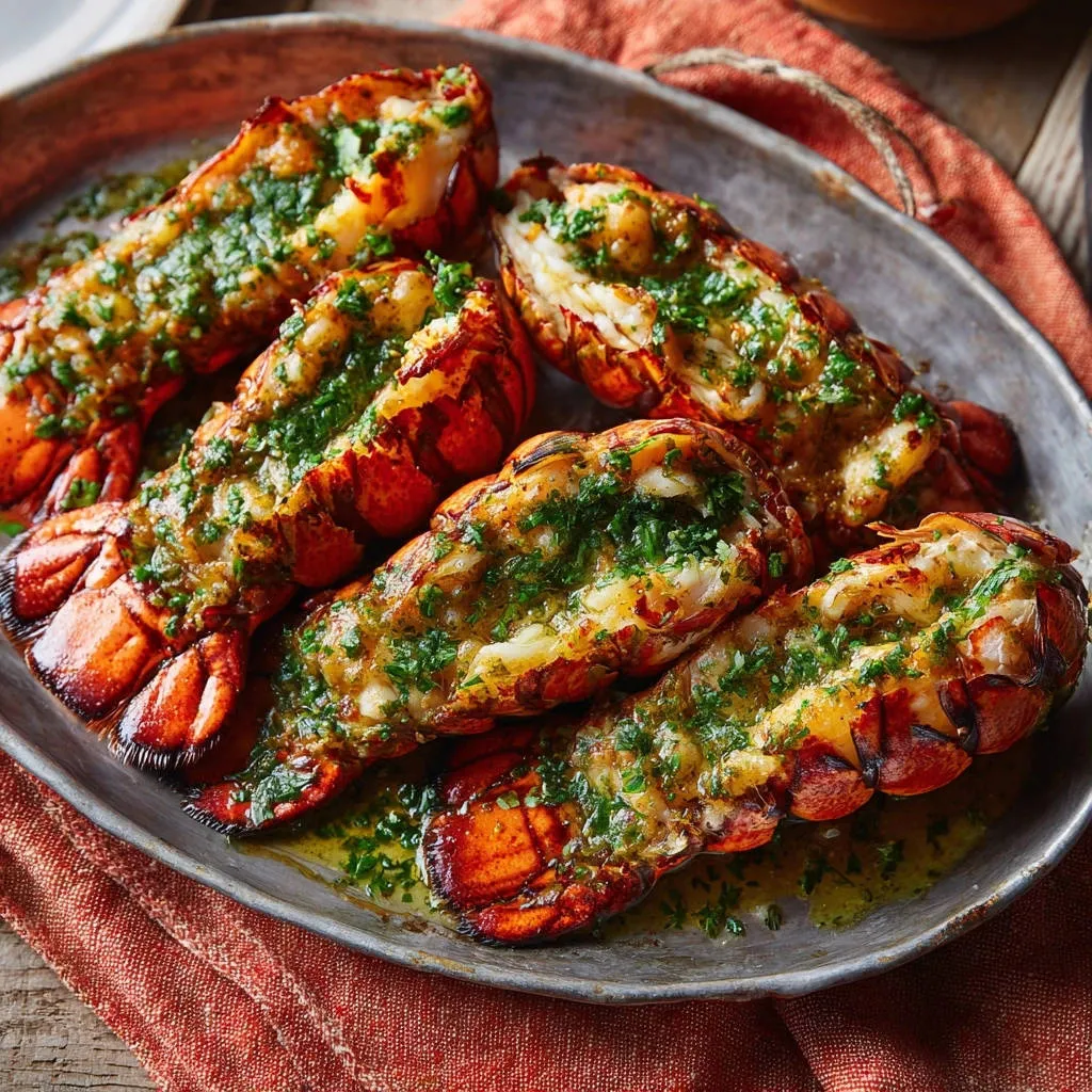 Broiled garlic butter lobster tails served in a rustic dish, showcasing the glistening tails with a fresh herb garnish.