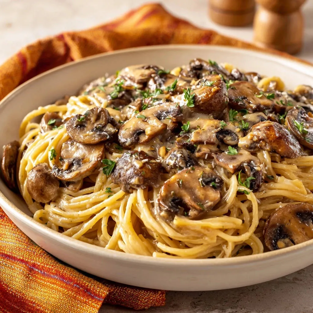 Brown butter mushroom spaghetti featuring a glossy sauce with sliced mushrooms and fresh parsley garnish.