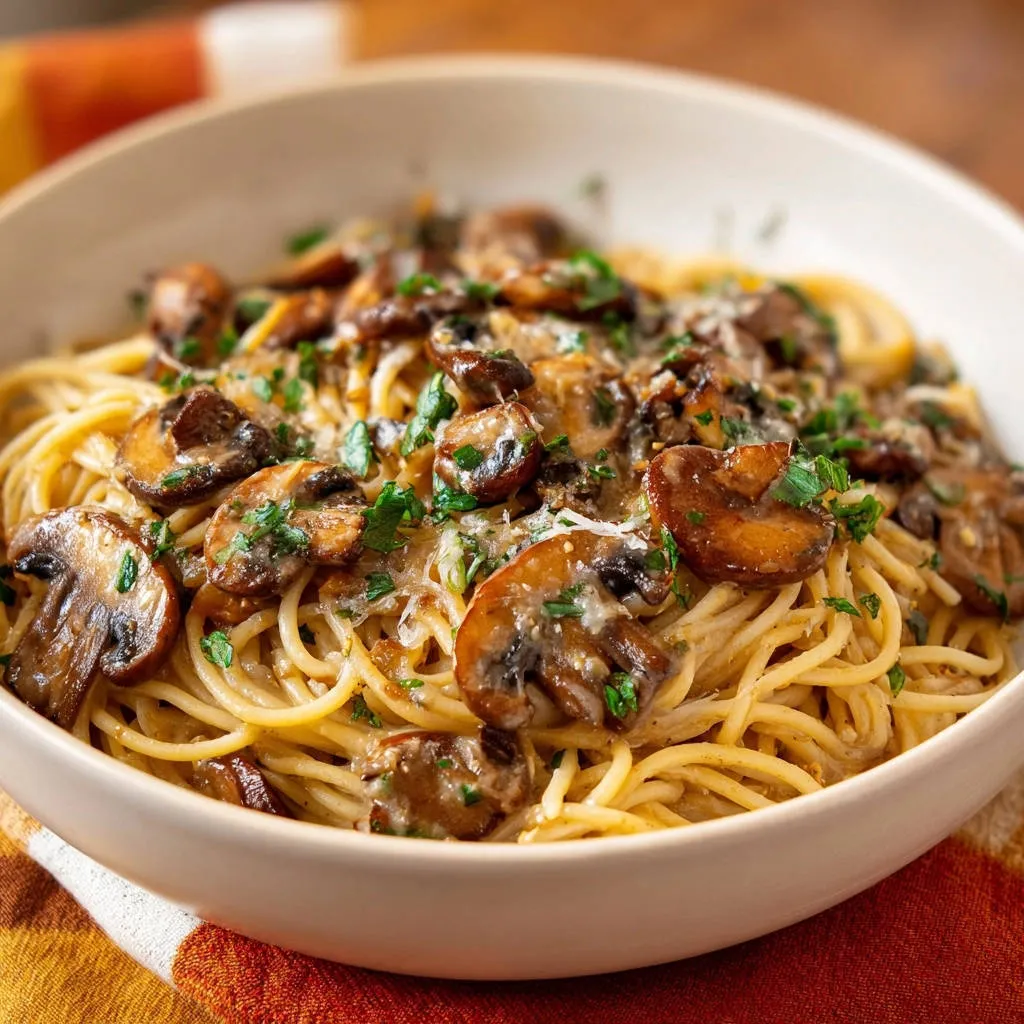 Brown butter mushroom spaghetti with a glossy sauce and fresh parsley garnish, a close-up detail shot.