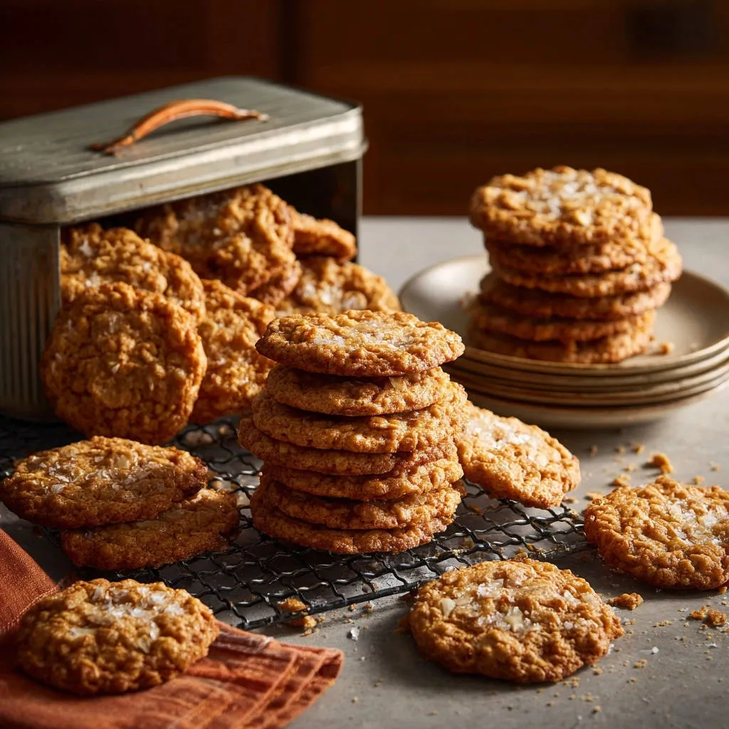 Brown butter salted oatmeal cookies cooling on a wire rack with a tin of cookies in the background.