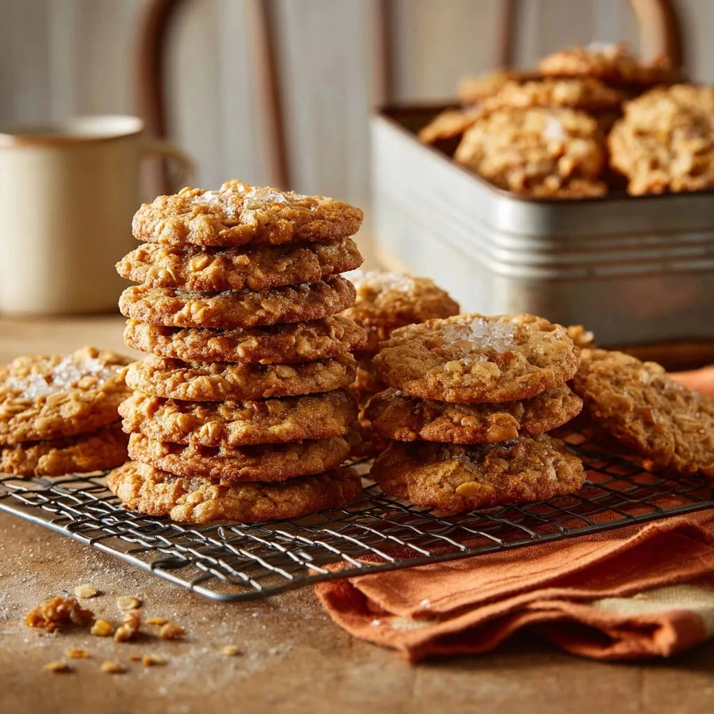 Brown butter salted oatmeal cookies stacked high on a cooling rack, sprinkled with flaky sea salt.