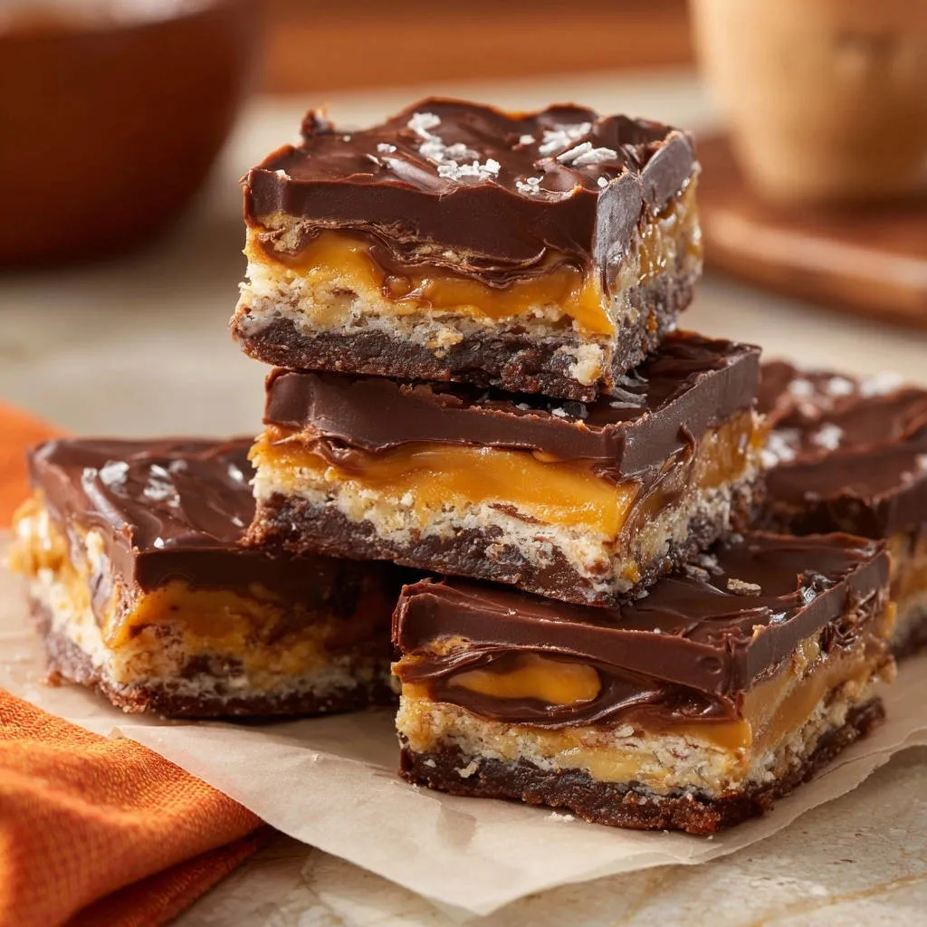 Caramel Chocolate Decadence Bars are stacked, showing a close-up cross-section of their rich layers.