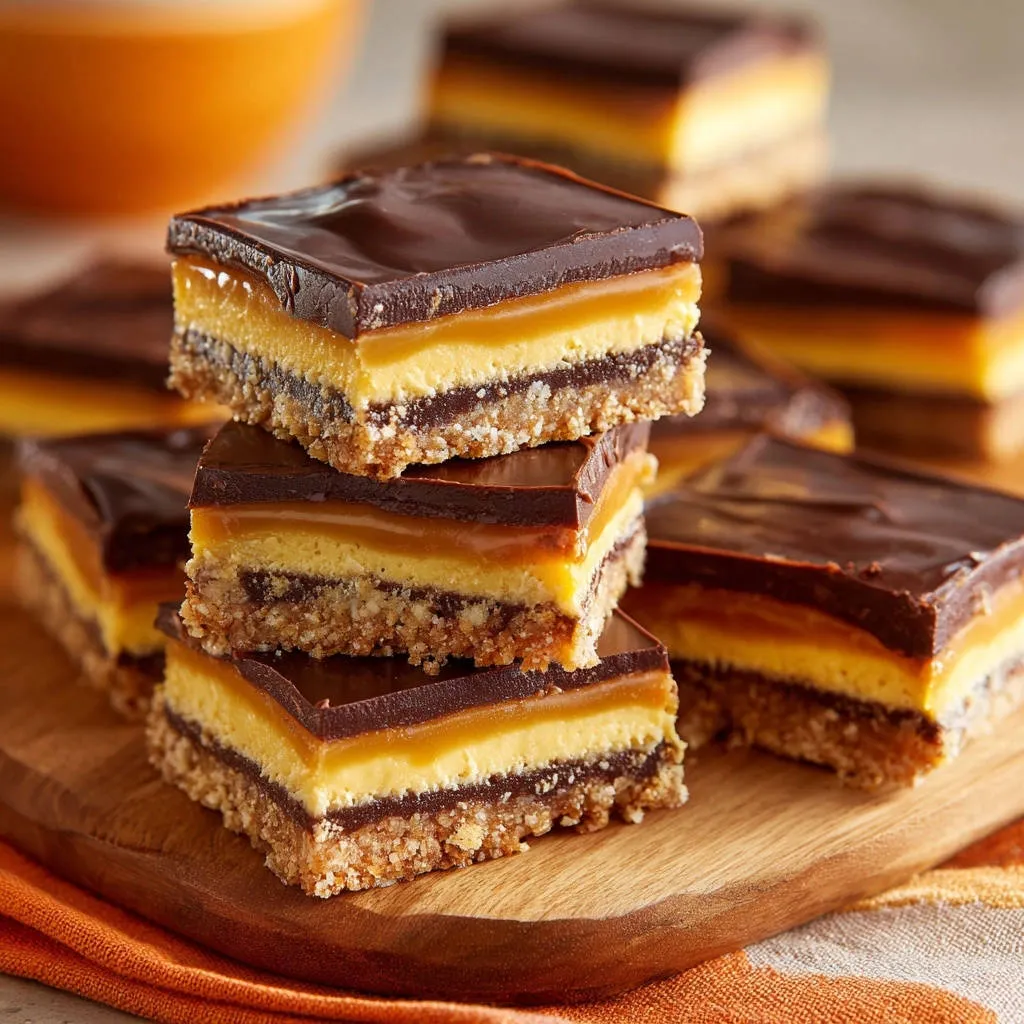 Decadent Caramel Dream Bars shown in a stacked cross-section, highlighting layers of chocolate, caramel, and cookie base.