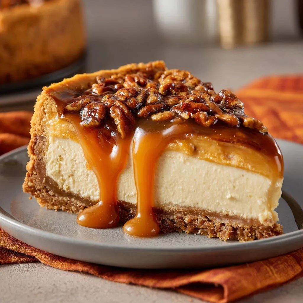 Decadent caramel pecan cheesecake pie slice drizzled with rich caramel sauce and topped with pecans.