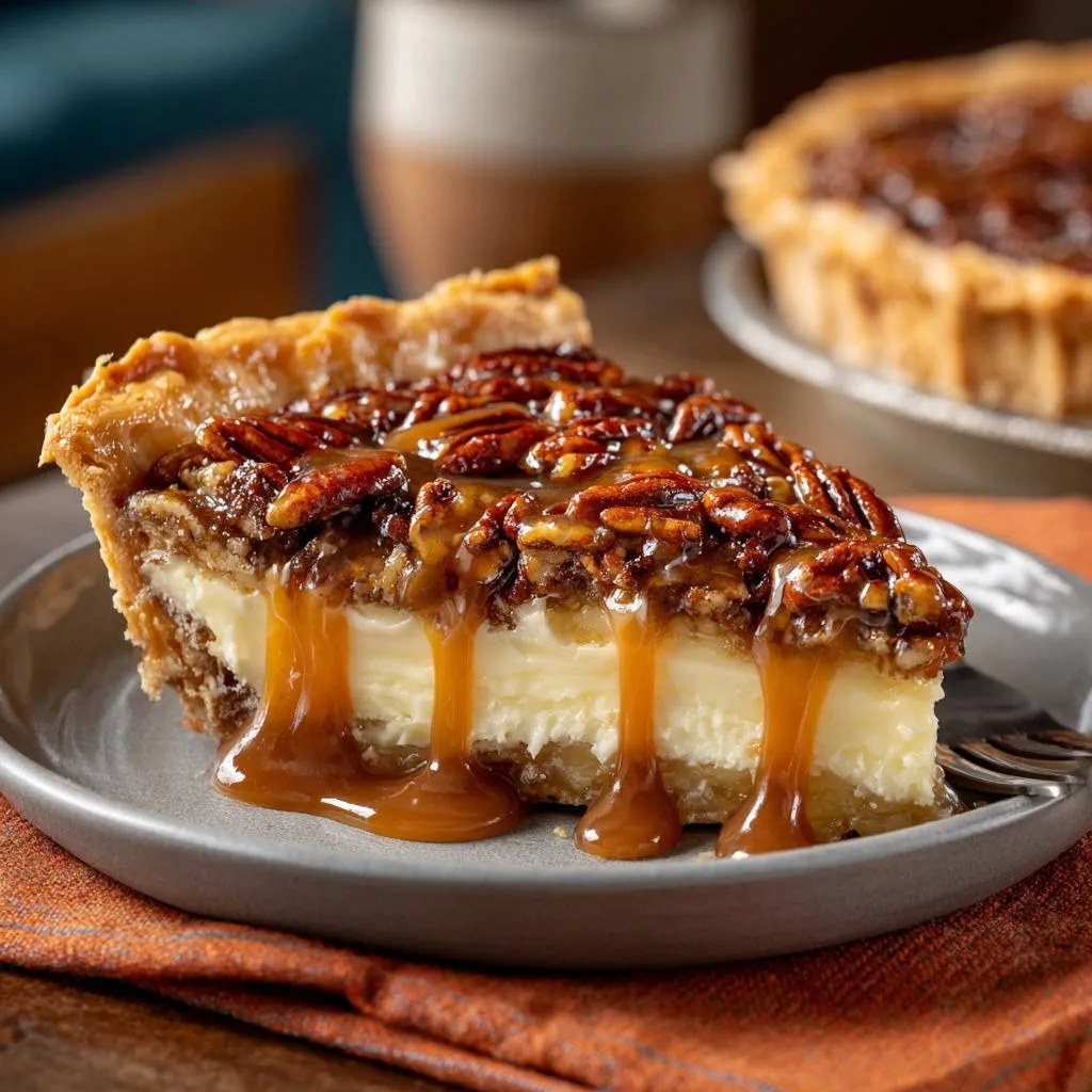 Decadent Caramel Pecan Cheesecake Pie served as a single slice, showcasing its creamy interior and rich caramel pecan topping with drizzles.