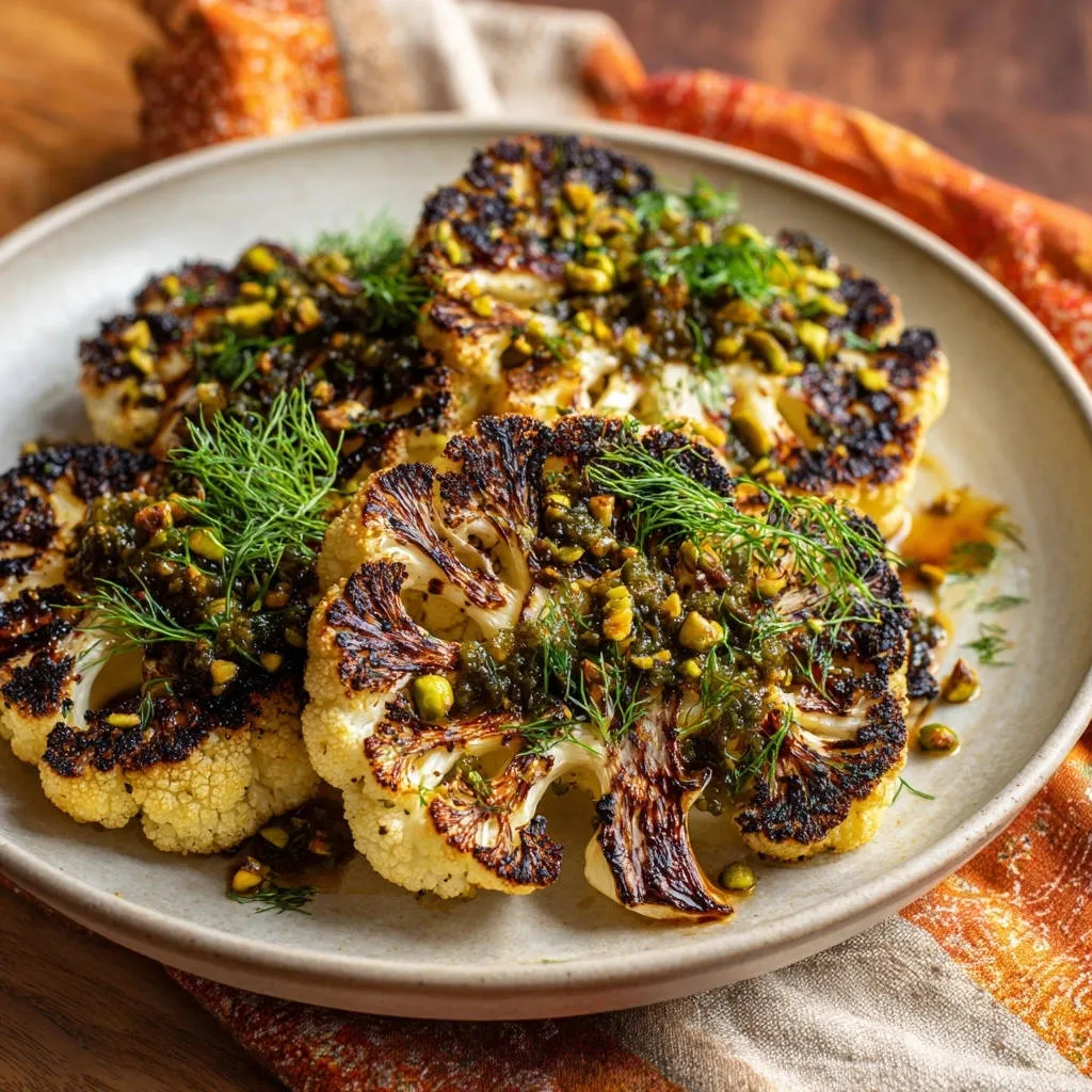 Caramelized cauliflower steaks with pistachio dill vinaigrette, showcasing a detailed close-up of the tender florets and vibrant topping.