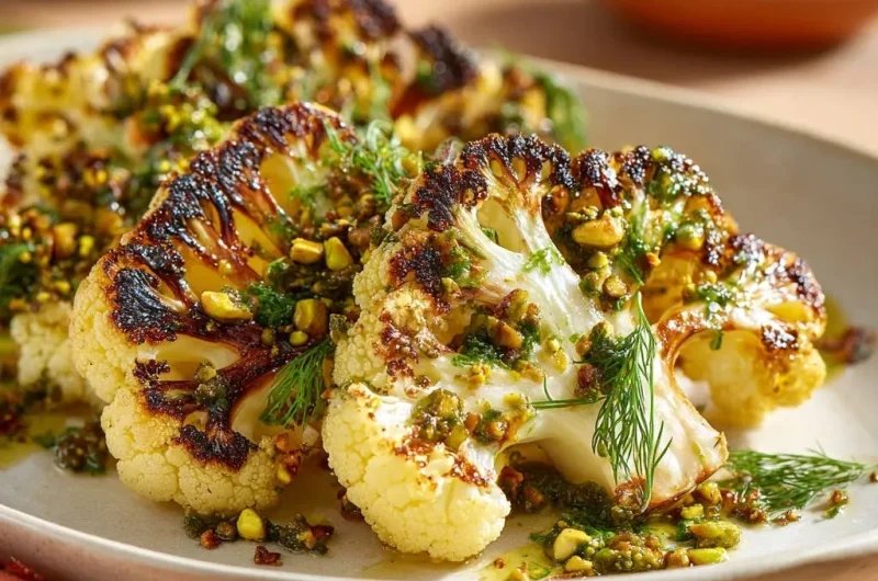 Caramelized Cauliflower Steaks with Pistachio Dill Vinaigrette