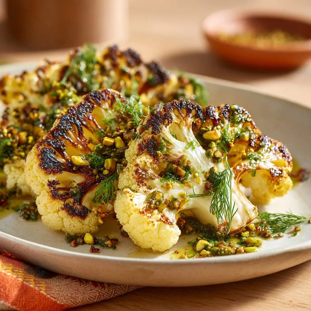 Caramelized cauliflower steaks with pistachio dill vinaigrette shown in a close-up cross-section highlighting the tender core.
