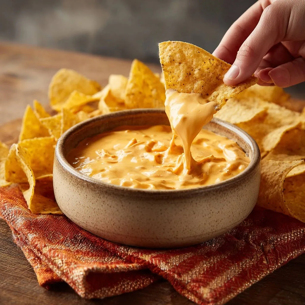 Smooth & Creamy Cheese Dip being scooped with a tortilla chip from a rustic bowl surrounded by more chips.