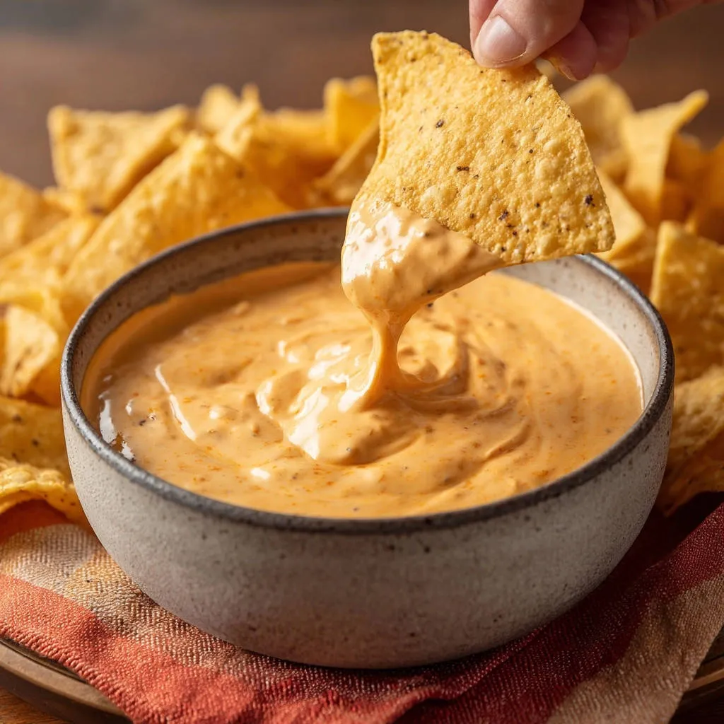 Smooth & Creamy Cheese Dip with a tortilla chip being dipped into the silky, restaurant-quality queso.
