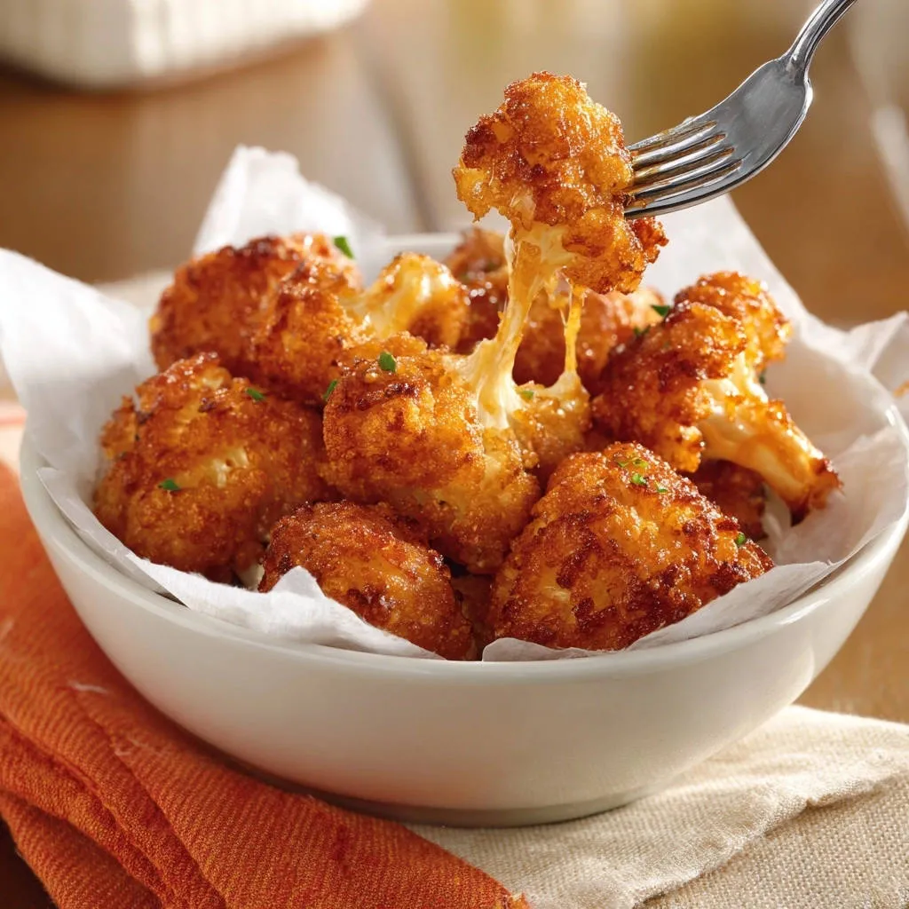 Crispy cheesy cauliflower bites being pulled apart with a fork, revealing melted cheese inside.