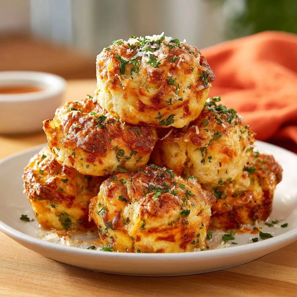 Cheesy garlic pizza bites stacked in a close-up view, garnished with fresh parsley and grated cheese.