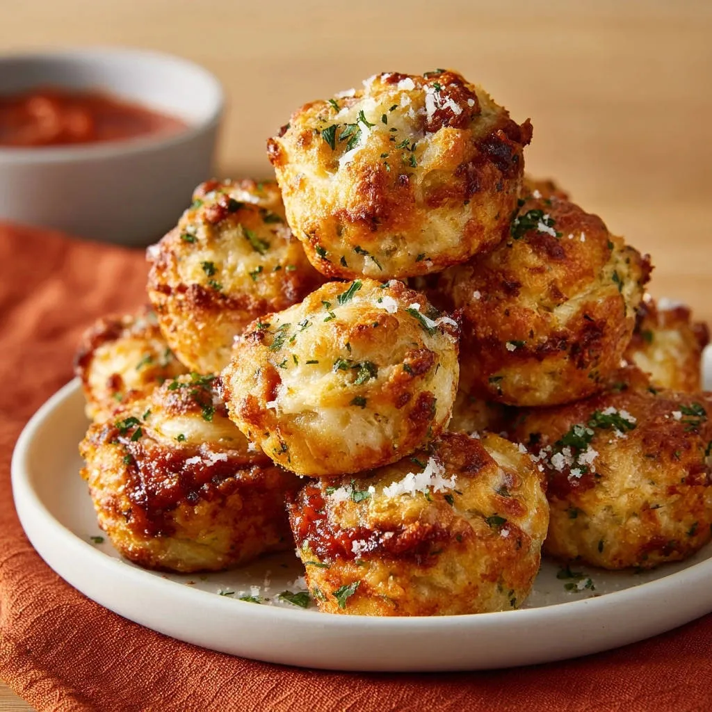 Cheesy garlic pizza bites stacked on a white plate, garnished with parsley and cheese, served with dipping sauce.