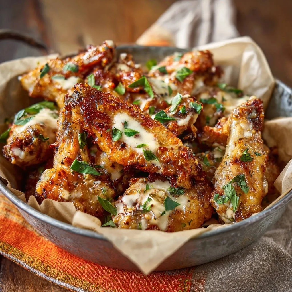 Cheesy garlic wings double-fried to perfection, generously drizzled with sauce and sprinkled with fresh parsley.