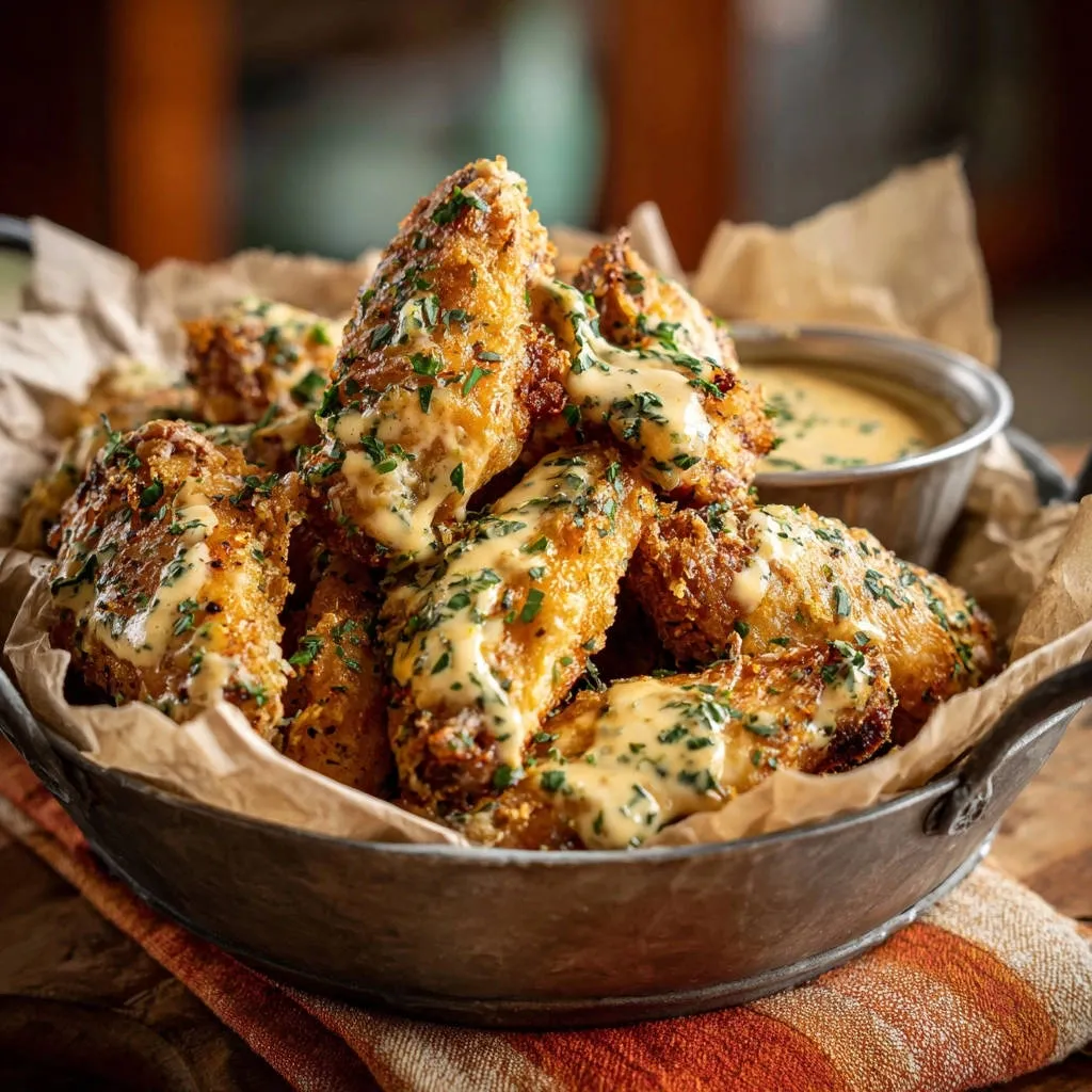 Cheesy garlic wings with a generous drizzle of creamy sauce and chopped parsley, presented in a rustic bowl.