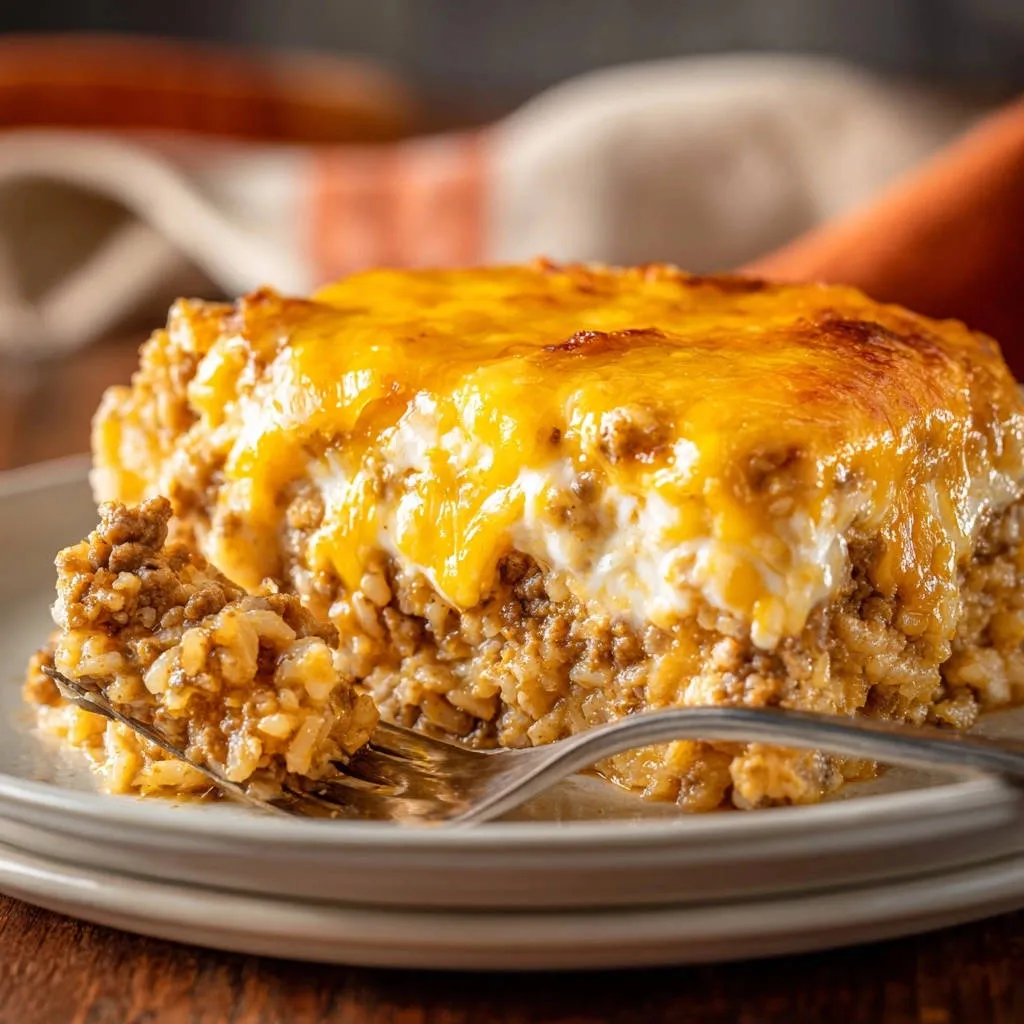 Cheesy ground beef & rice bake cross-section showing layers of rice, meat, and melted cheese with a fork.