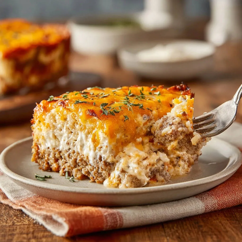 Cheesy ground beef & rice bake shown as a fork takes a slice, revealing layers of meat and creamy cheese.