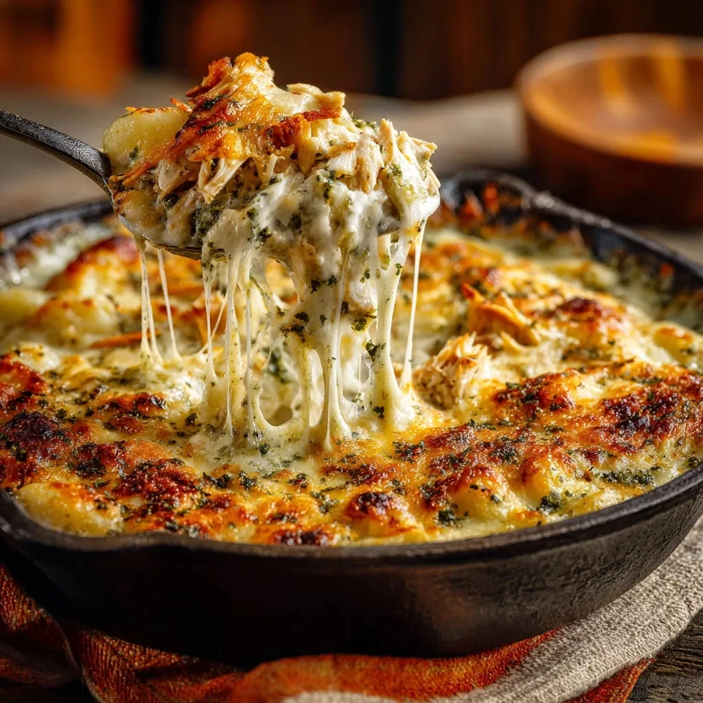 Cheesy skillet pesto chicken gnocchi bake being scooped with a spoon, showing long strings of melted cheese.
