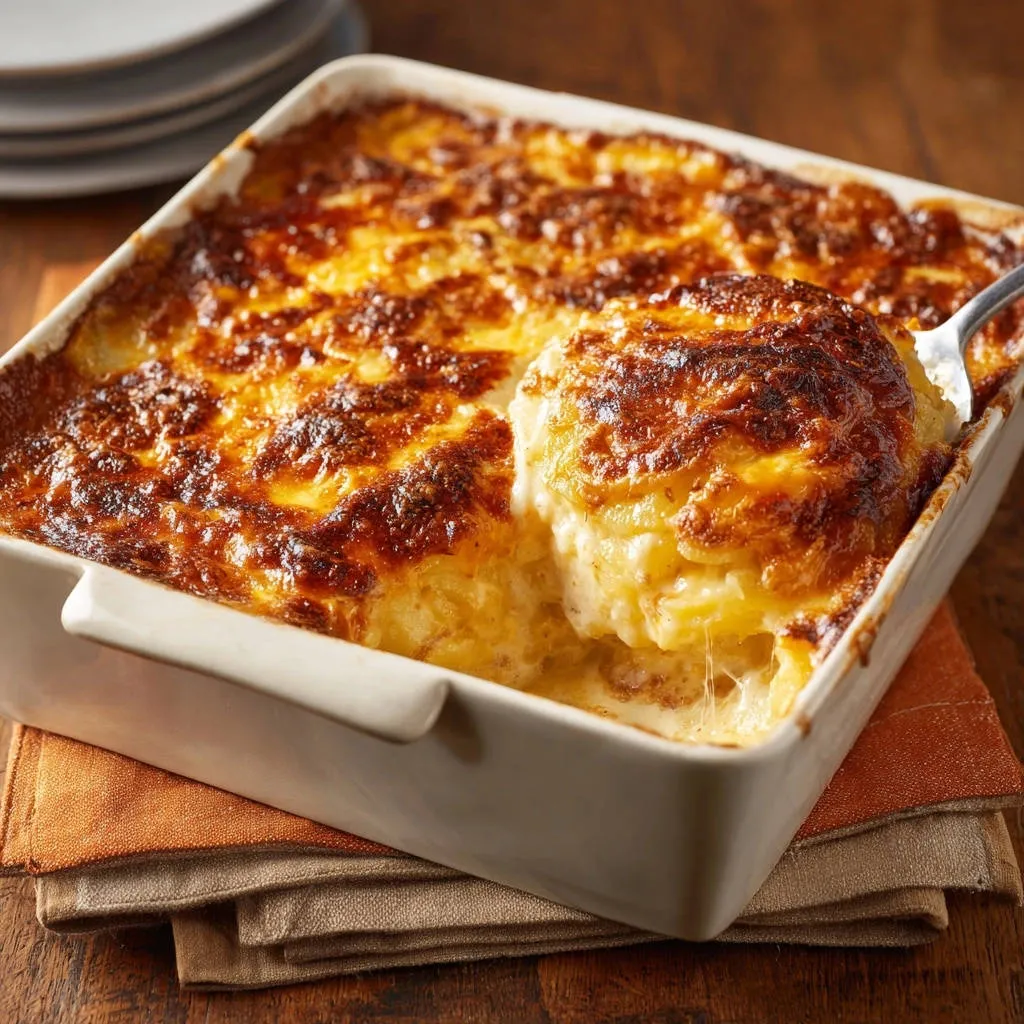 Ultimate Cheesy Potato Gratin with a scoop showing thick, creamy layers and melted cheese.