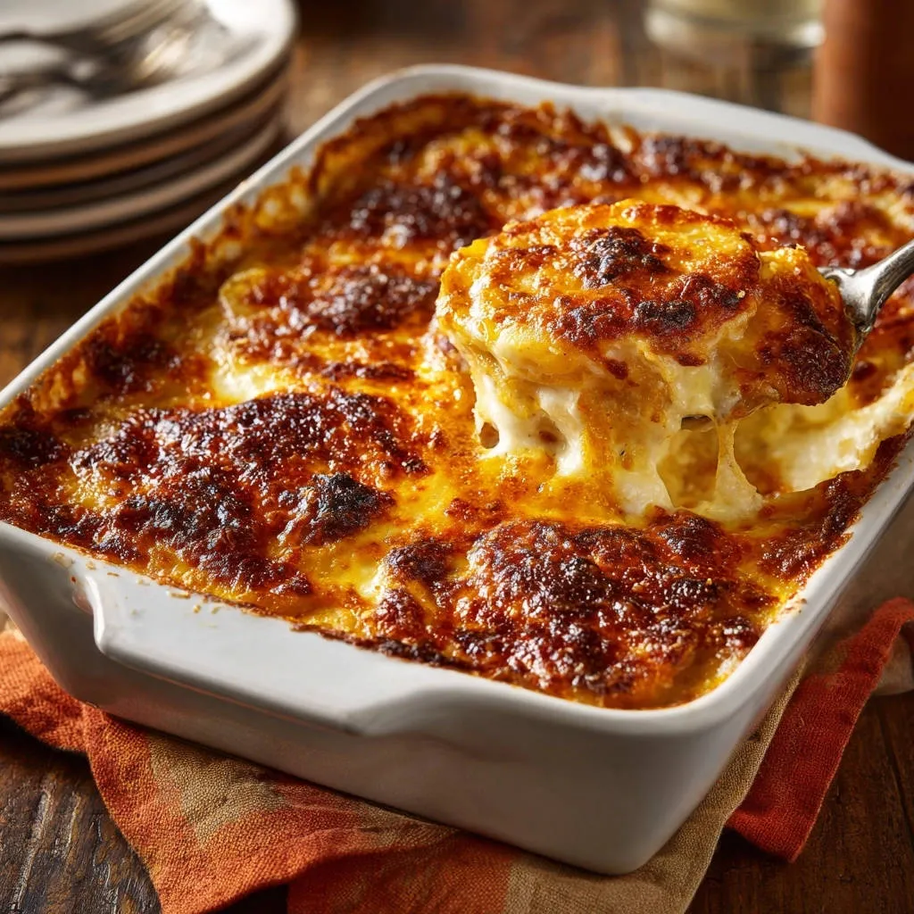 Ultimate Cheesy Potato Gratin, a spoonful revealing its thick, creamy, and cheesy interior layers.