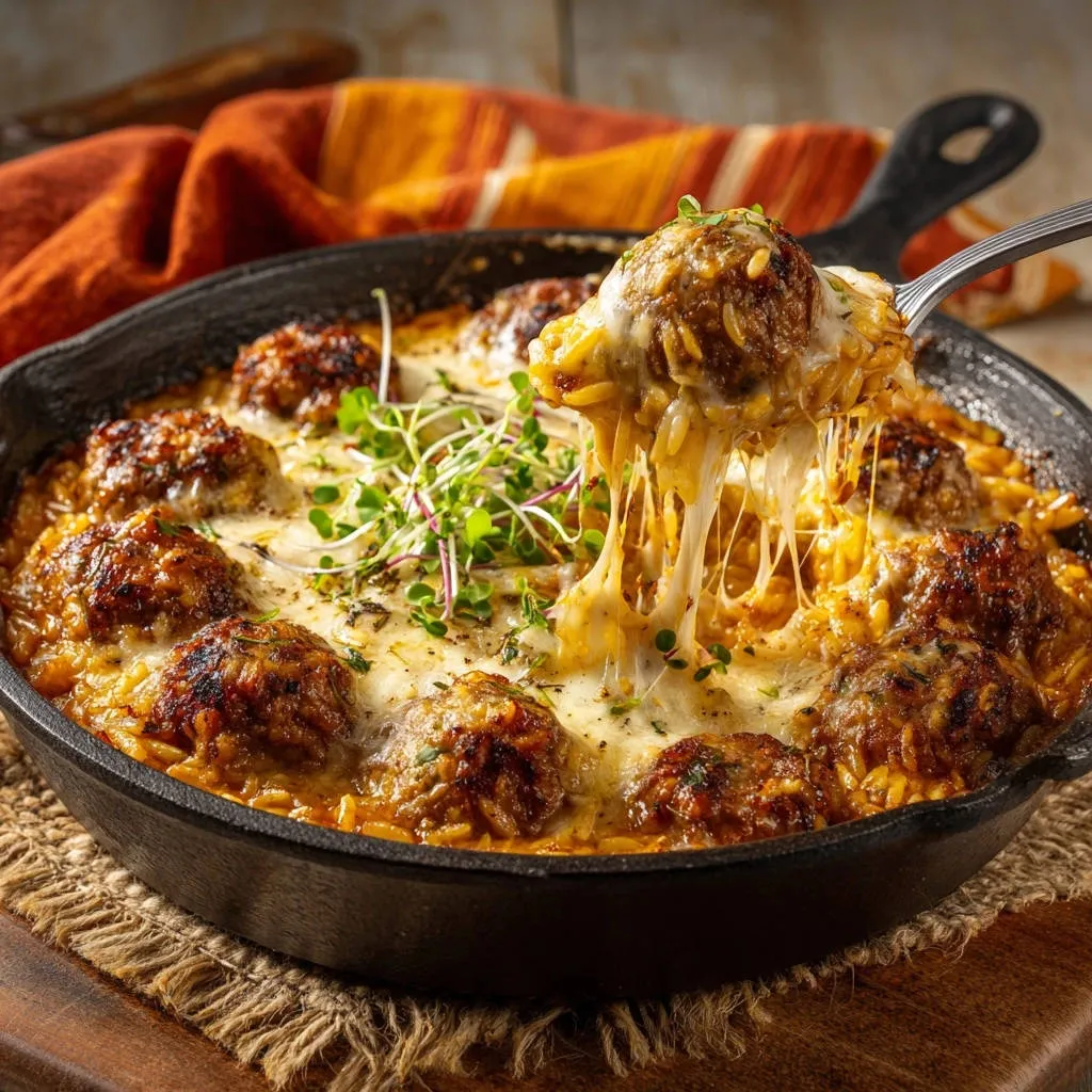 Cheesy skillet meatballs and orzo with a generous cheese pull captured on a fork in a cast iron pan.