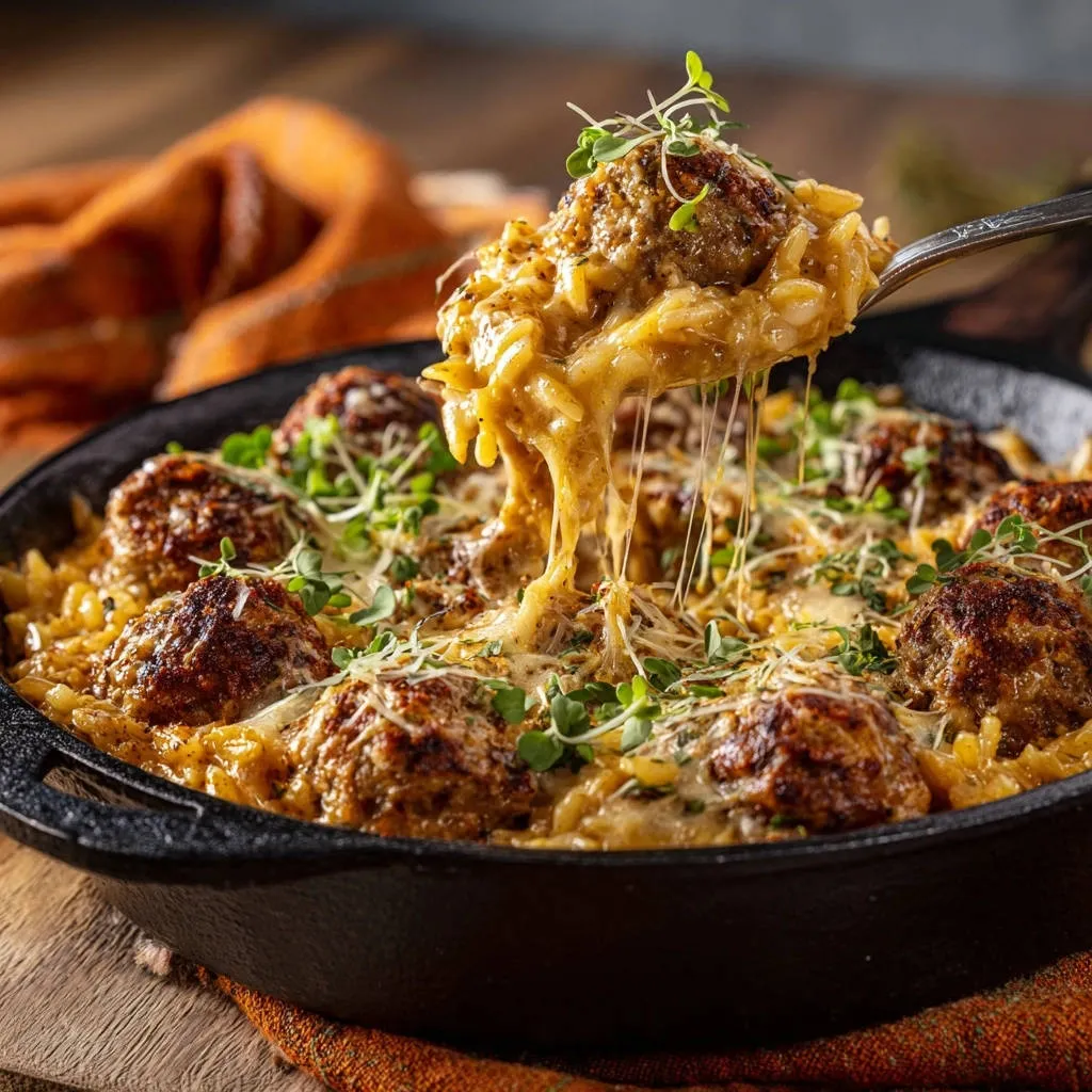Cheesy skillet meatballs and orzo shown in a close-up with a spoonful lifting out, revealing gooey melted cheese.