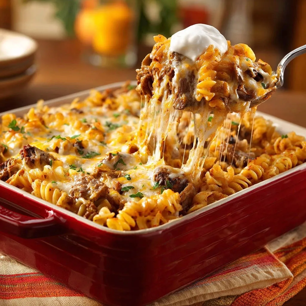 Cheesy taco rotini bake being served with a spoonful showing a long, gooey cheese pull and a dollop of sour cream.