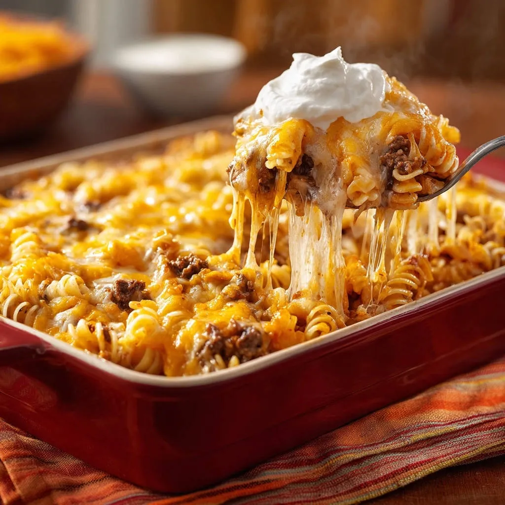 Cheesy taco rotini bake with a spoonful of pasta, ground beef, melted cheese, and sour cream being lifted from the baking dish.