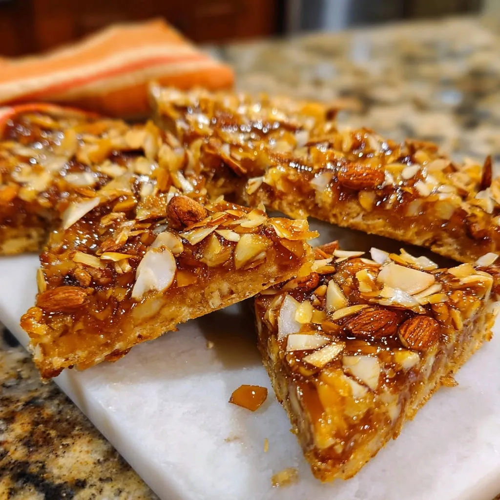 Chewy almond caramel bars shown in a close-up slice revealing their layered texture and topping.