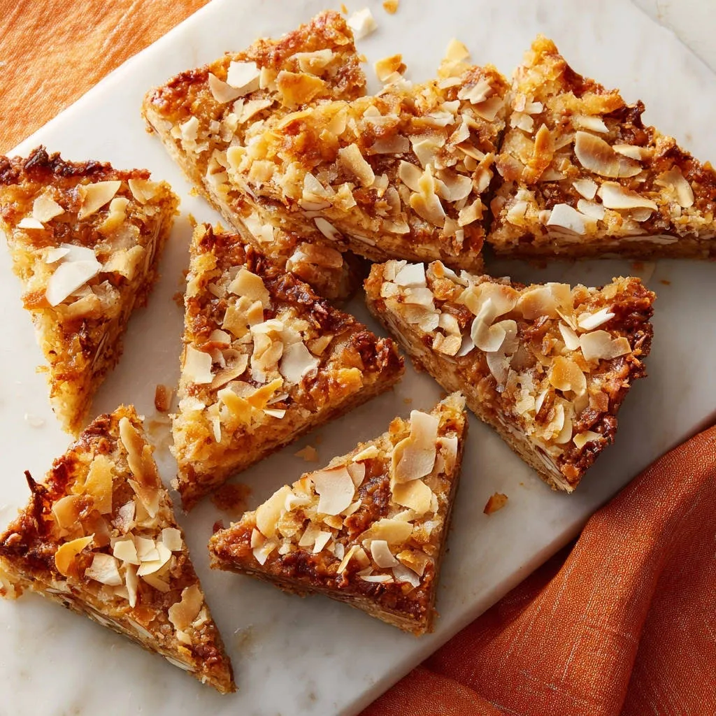 Chewy almond caramel bars sliced and arranged in a top-down view on a marble slab.